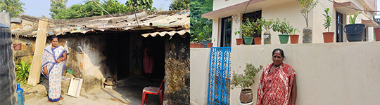 Susama at her old house (L) and climate-resilient home (R) I